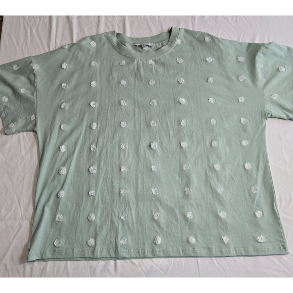 Size 3XL‎ Sage Mint Green Textured Polka Dot Top Boxy Cotton Stretch Tee Coastal